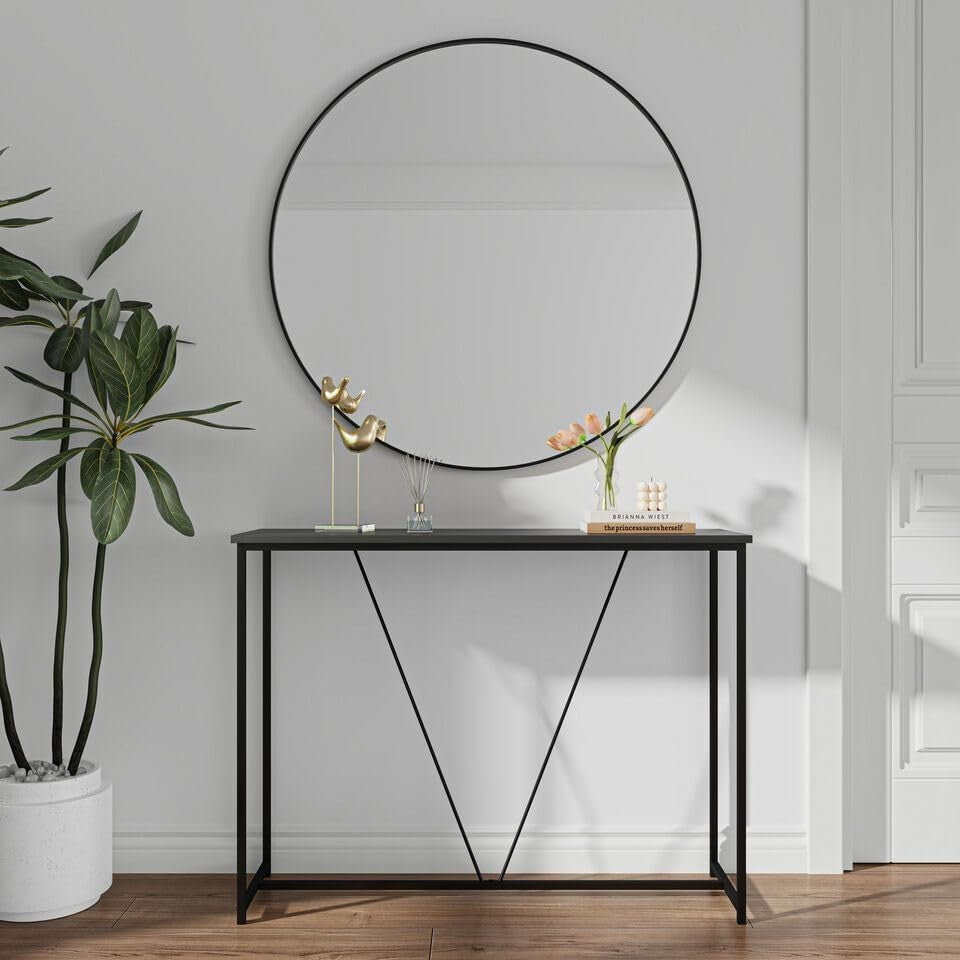 Slim Modern Console Table with Metal Frame & Display Shelf, 100cm