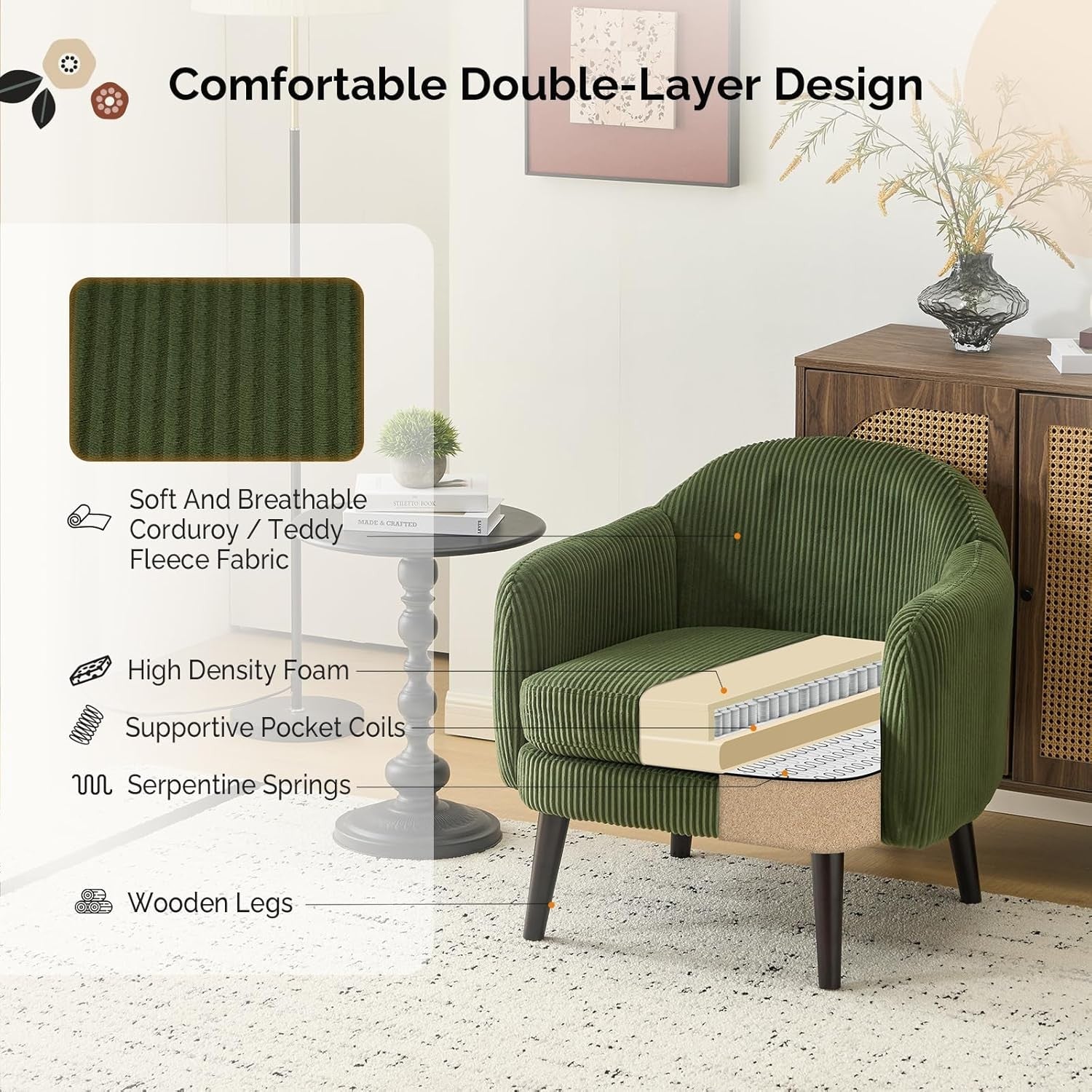 Modern Corduroy Armchair Wide Accent Chair Dark Green Wood Legs