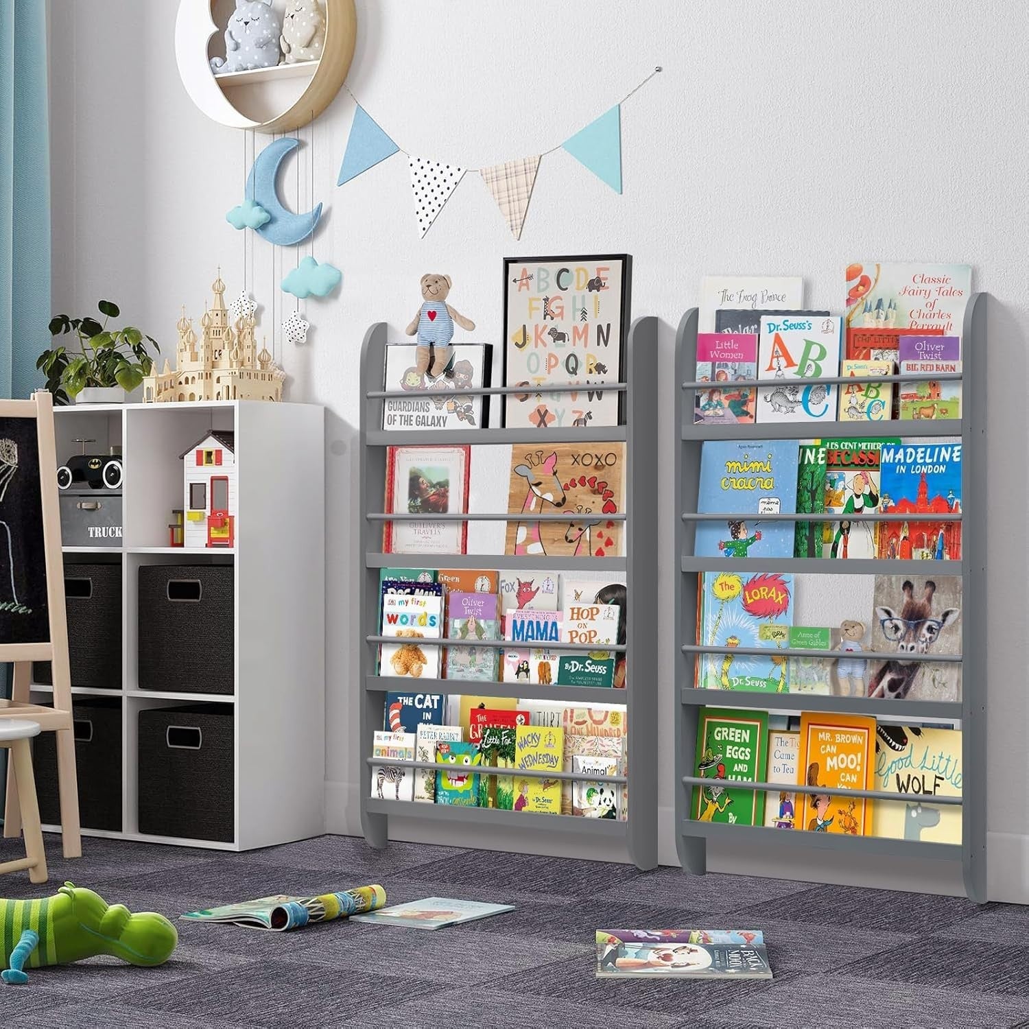 Modern 4-Tier Kids Bookshelf Wooden Storage Rack 117x60x10cm Grey