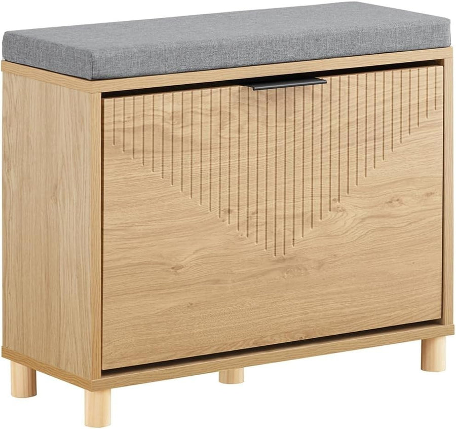 Shoe Storage Bench Seat with Flip Drawer & Cushion | Light Wood 60x24x50cm