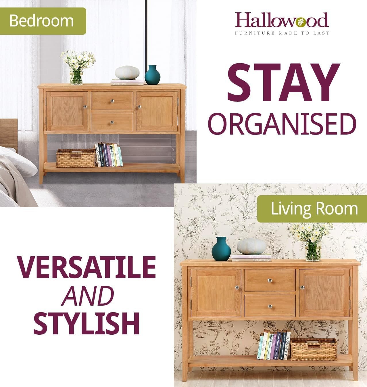 Large Solid Oak Console Table with Storage Drawers & Shelf, Durable