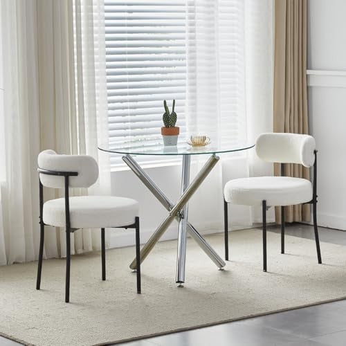 Modern 5-Piece Round Glass Dining Table with 2 Beige Velvet Chairs Set