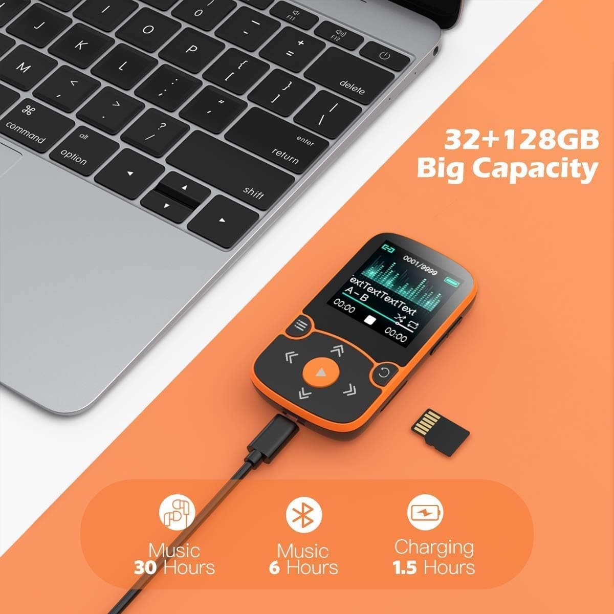 32GB Bluetooth 5.3 Sport MP3 Player Orange 1.5" Screen Clip