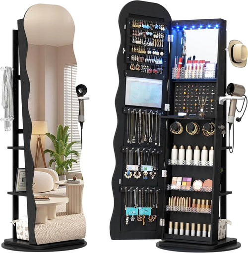 Black LED Rotating Jewellery Cabinet Lockable Wavy Mirror Organizer