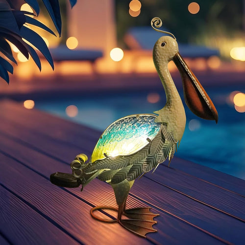 Solar Metal Pelican Garden Ornament LED Light Outdoor Coastal Decor 19"