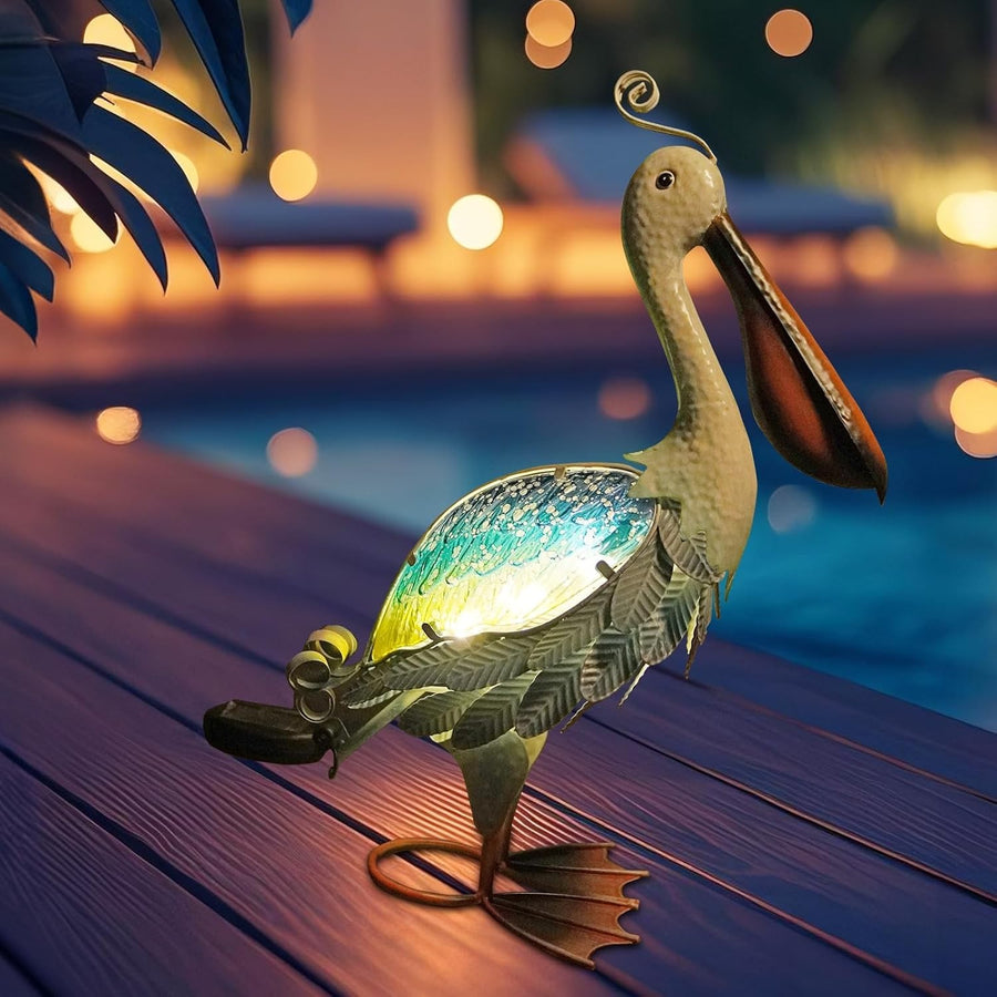 Solar Metal Pelican Garden Ornament LED Light Outdoor Coastal Decor 19"