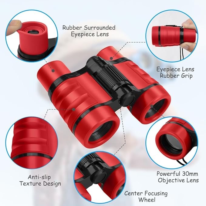 Kids 4x30 Red Shockproof Binoculars | Outdoor Explorer Toy Ages 3–12