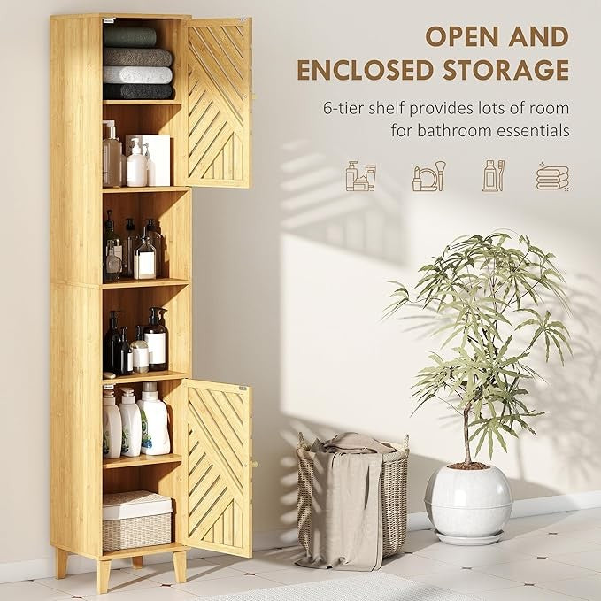 Slim Tall Bathroom Cabinet with Bamboo Doors, Adjustable Shelves, Modern