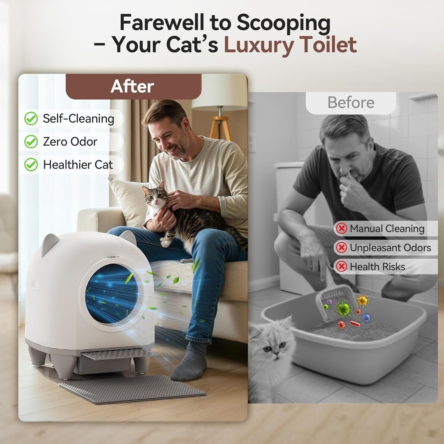XXL Self Cleaning Cat Litter Box 90L Auto App Control Odor Control