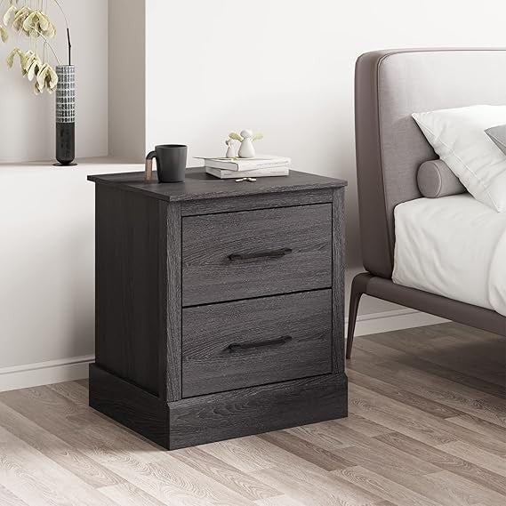 Compact Dark Grey Oak Bedside Tables 2-Pack with 2 Drawers | Modern Nightstands