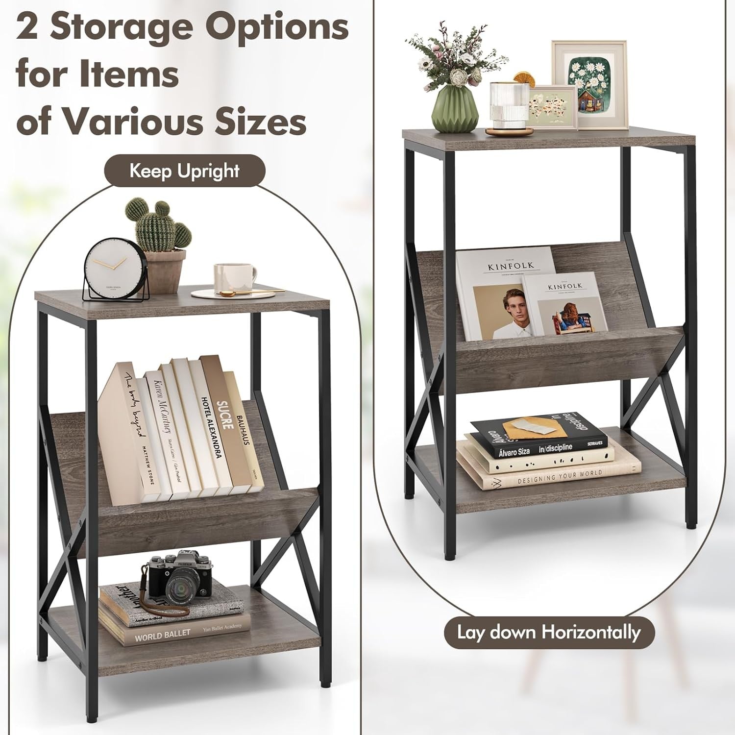 Industrial Record Player Side Table with Storage Shelf, Metal Frame, 2-Tier End