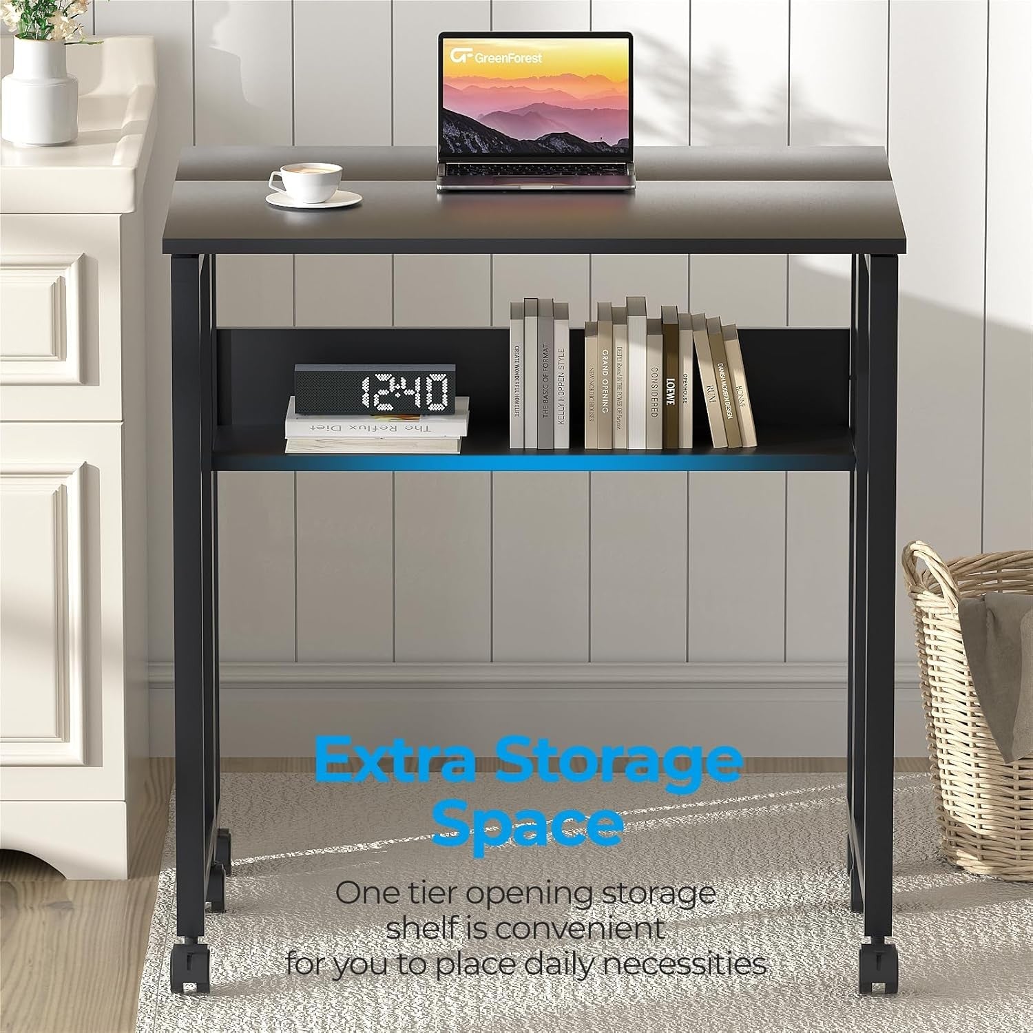 Compact Folding Computer Desk on Wheels with Storage Shelf Space Saving