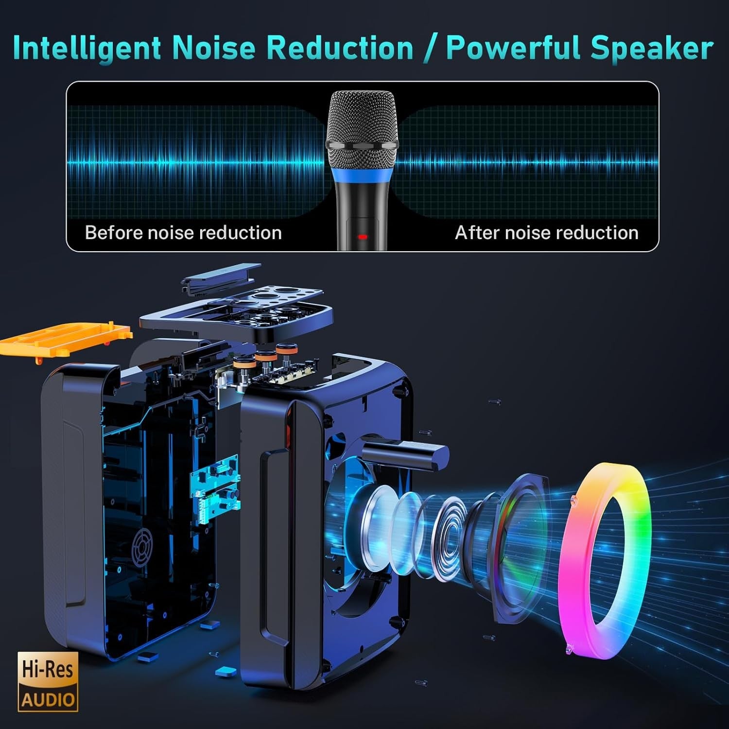 Portable Karaoke Machine 2 Mics Bluetooth 5.3 DJ Lights TWS