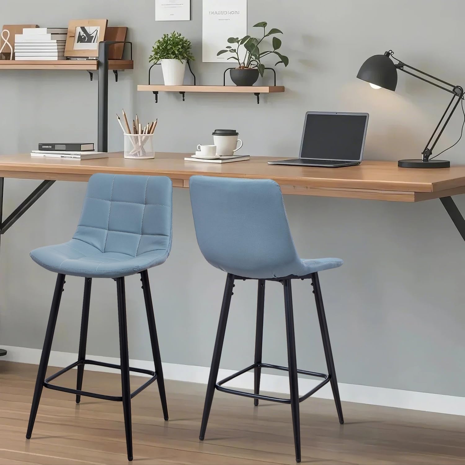 Blue Faux Leather Bar Stools Set of 2 – Fixed Height Kitchen Chairs