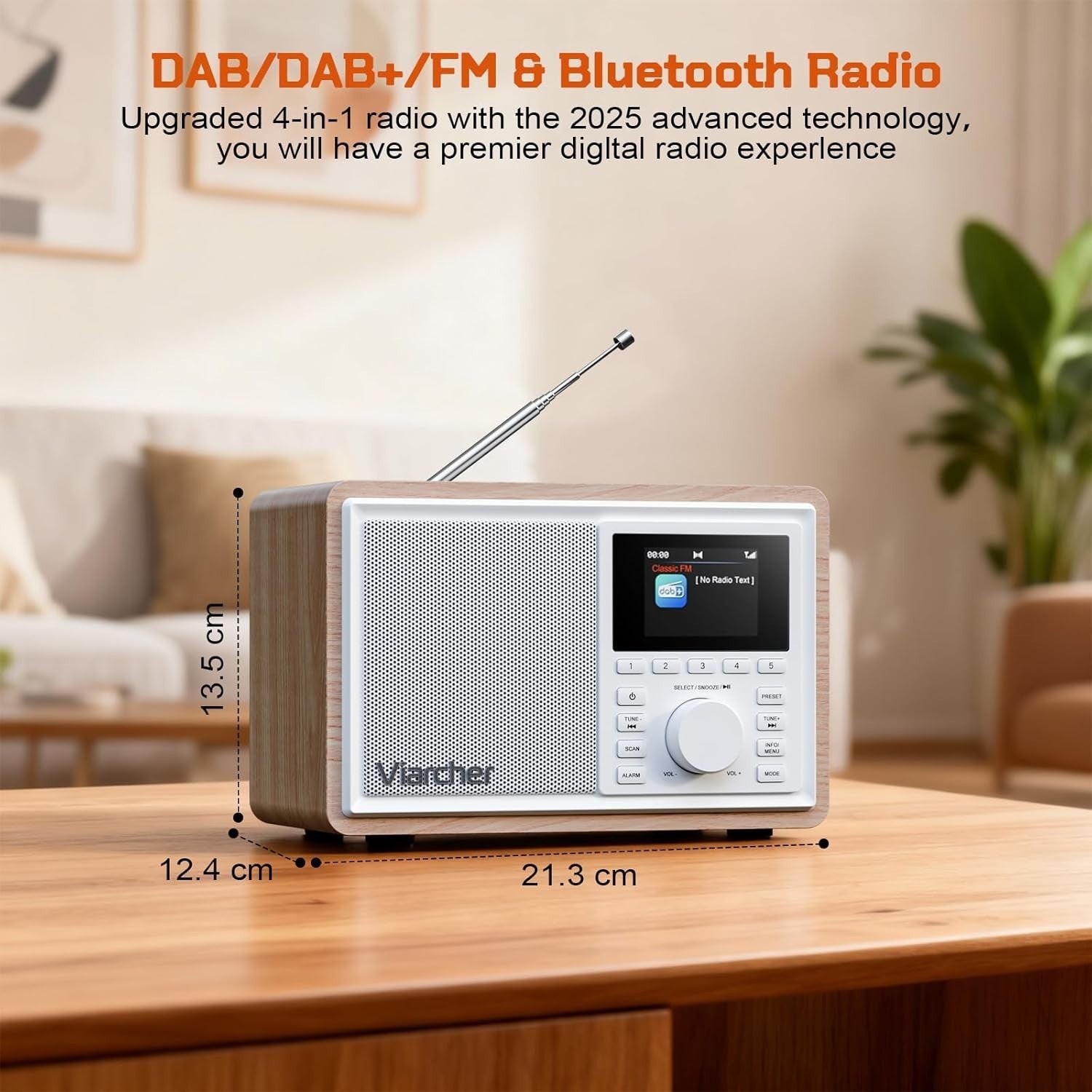 DAB+ FM Digital Kitchen Radio Bluetooth Dual Alarm 60 Presets White/Oak