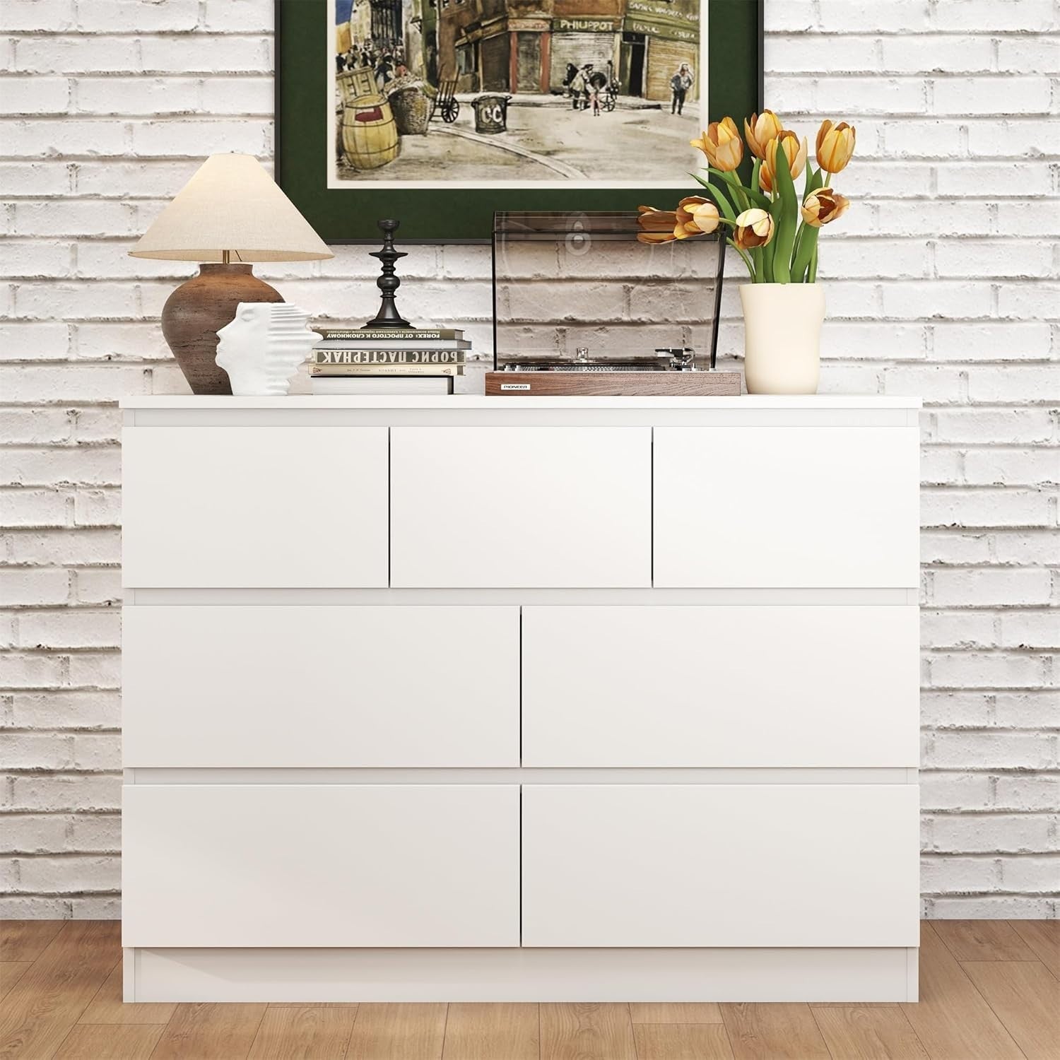 White 7 Drawer Wide Chest of Drawers Modern No Handle Storage 106x80cm