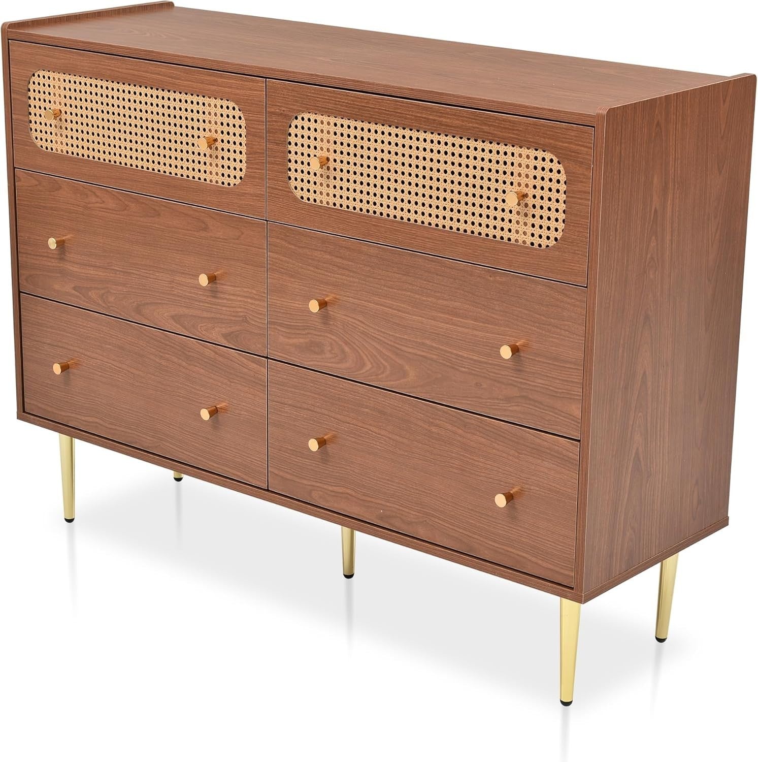 Walnut Rattan Sideboard Cabinet 6 Drawer Chest Storage Unit Modern