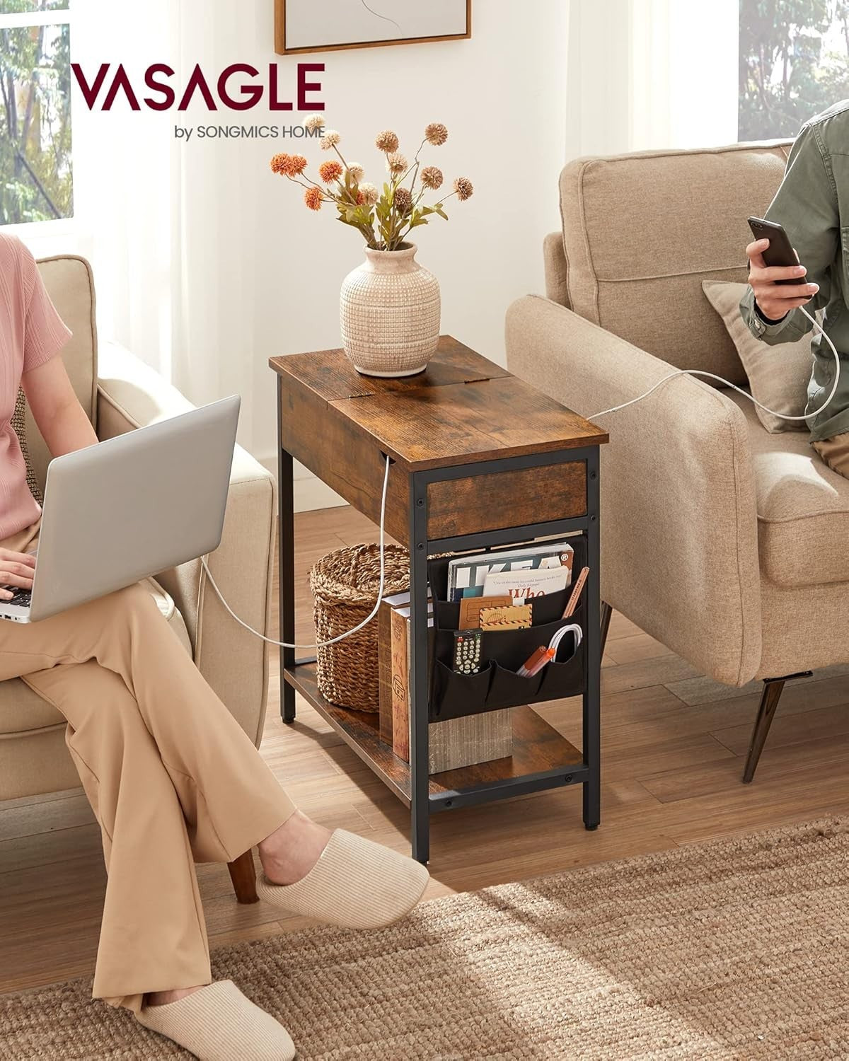 Slim Side Table with Charging Station, USB Ports & Storage, Rustic Brown