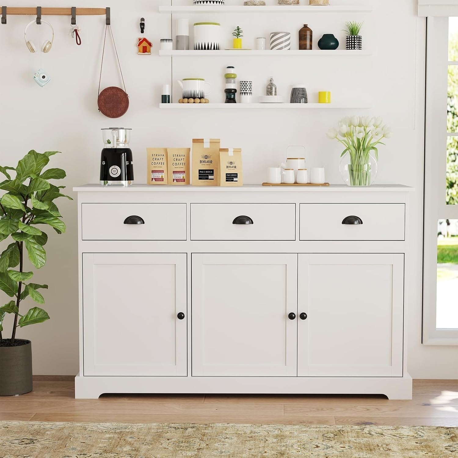 White Sideboard Storage Cabinet with Drawers & Adjustable Shelves Unit