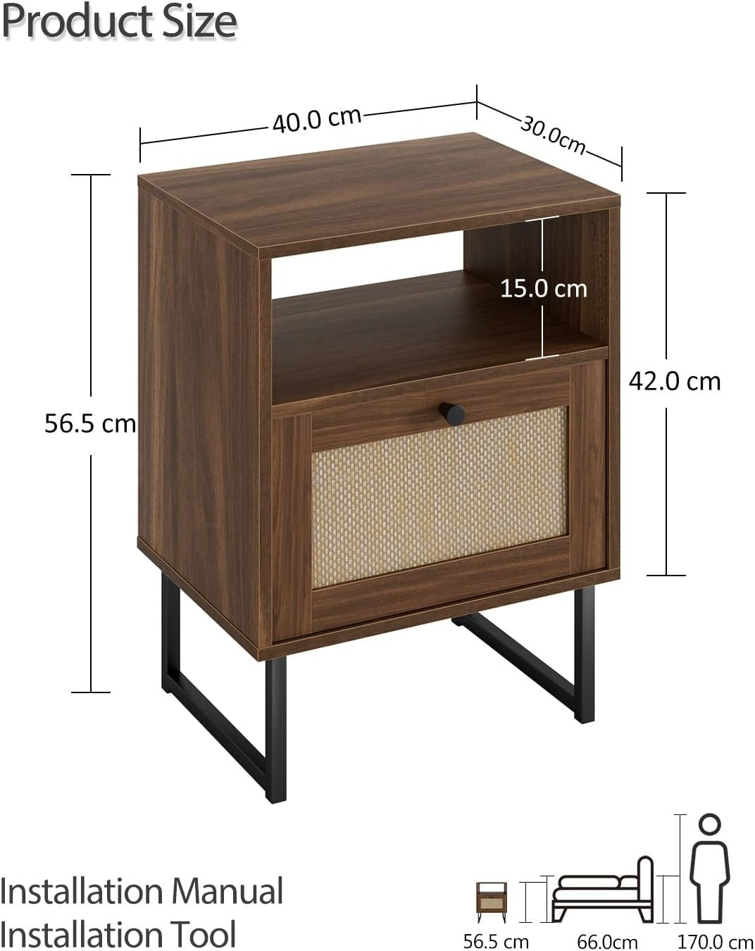 Modern Rattan Bedside Table with Drawer Walnut Wood Nightstand Farmhouse Style