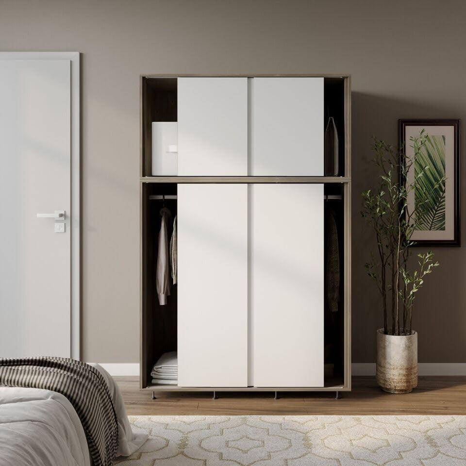 6-Door White Sliding Wardrobe with Adjustable Feet & Spacious Storage