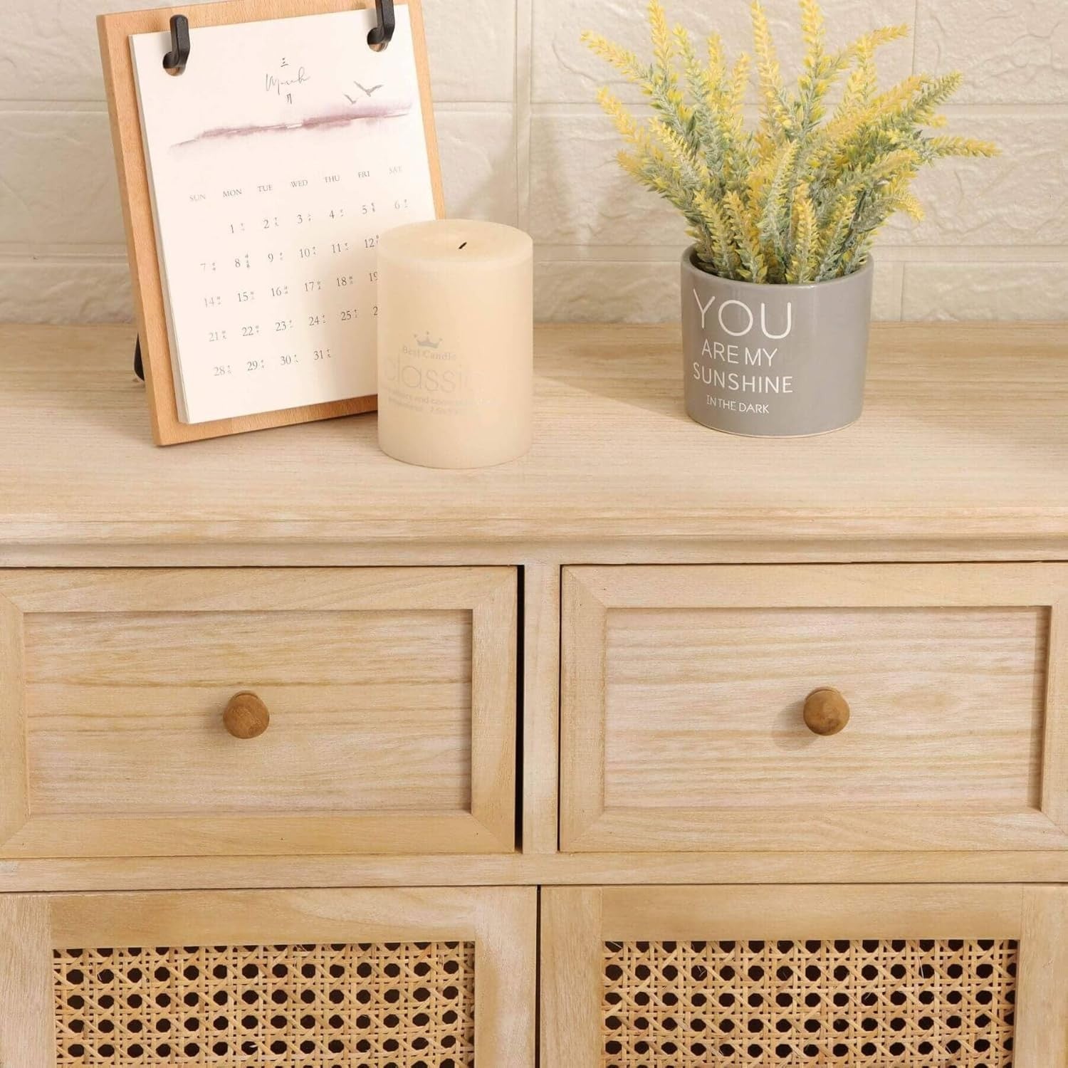 Solid Wood Rattan Sideboard Cabinet 2 Drawers Cupboard Storage Unit