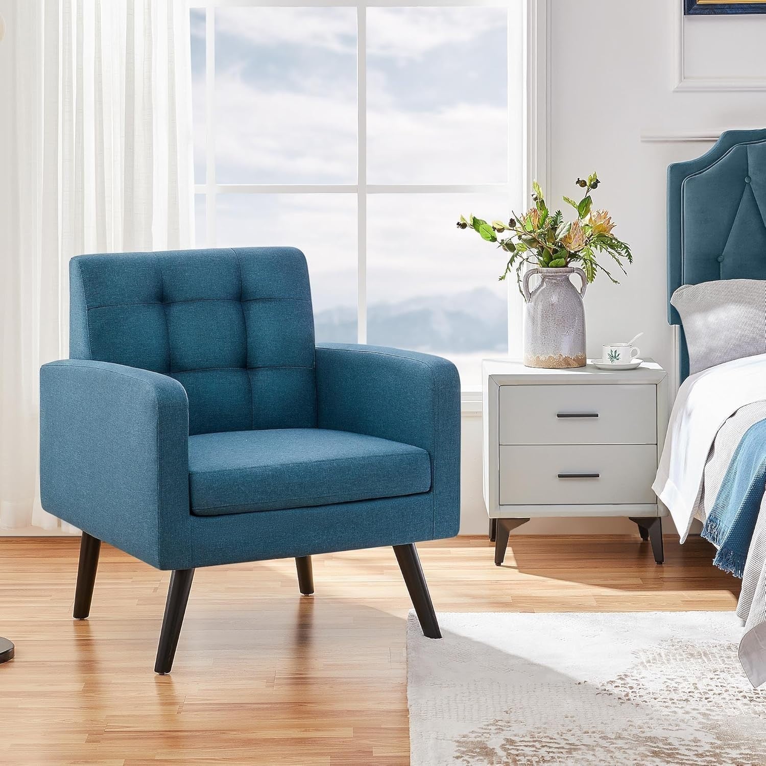 Mid Century Accent Armchair Set Navy Blue | Tufted Back Lounge Chairs