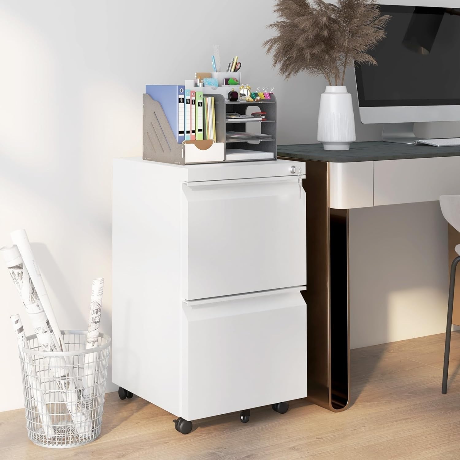 2 Drawer Mobile Filing Cabinet Lockable Steel A4 Letter Office Storage White