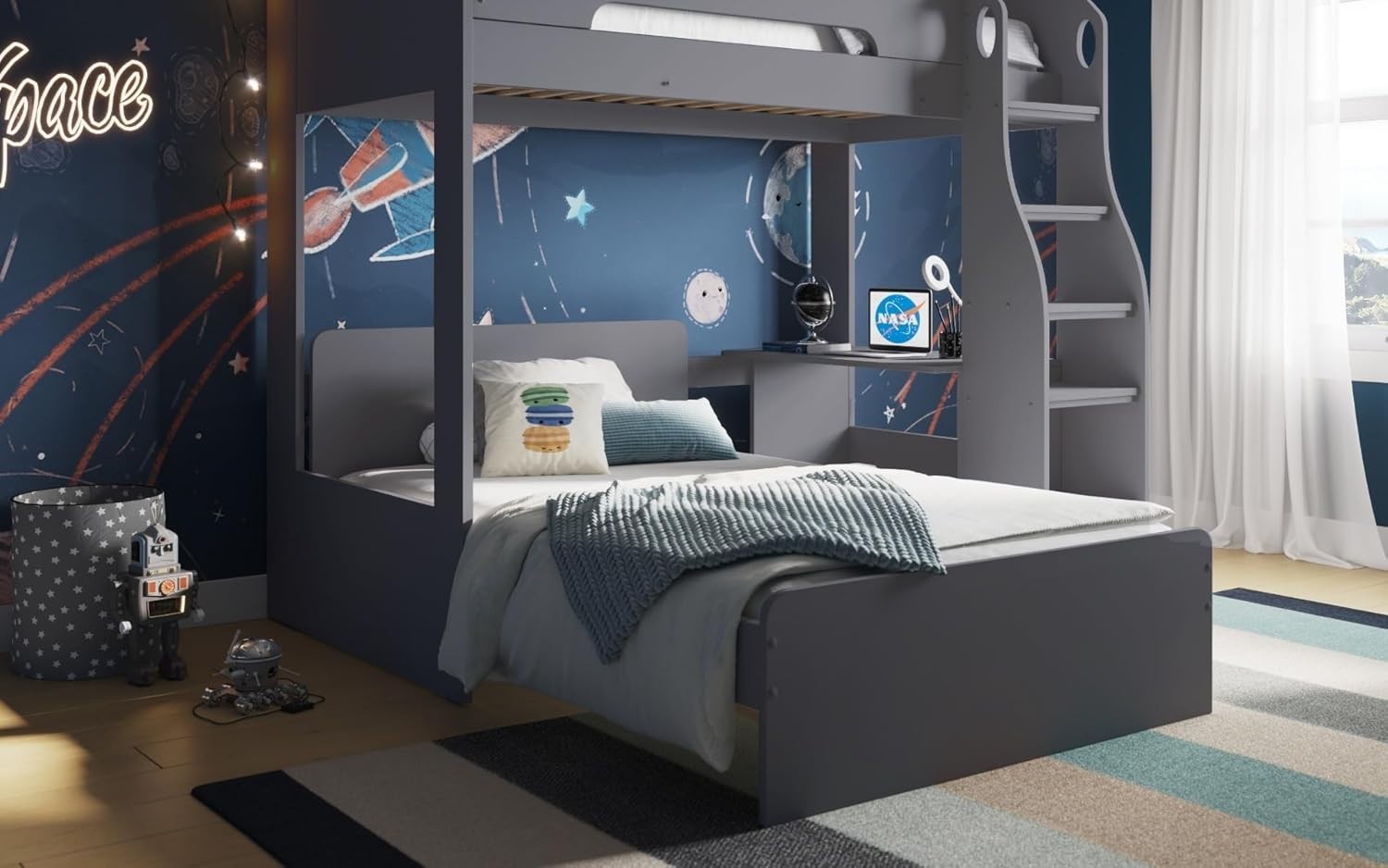 Triple Bunk Bed L Shape Grey Kids Storage Bed Frame Space-Saving Design