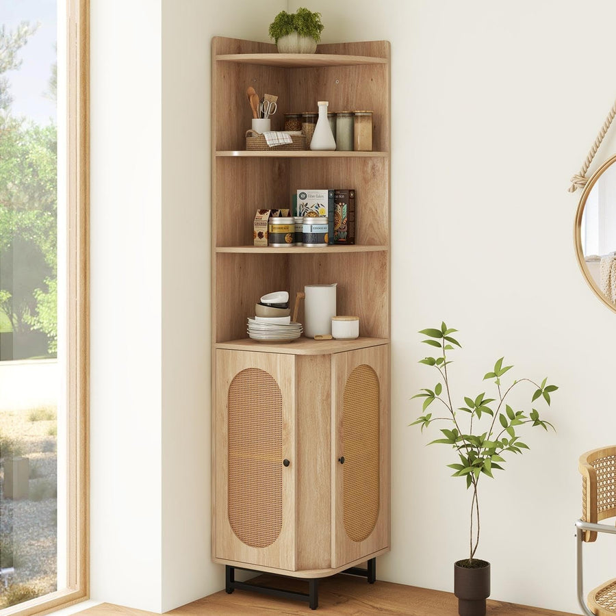 Tall Corner Storage Cabinet with Rattan Doors, 172cm Modern Shelving Unit