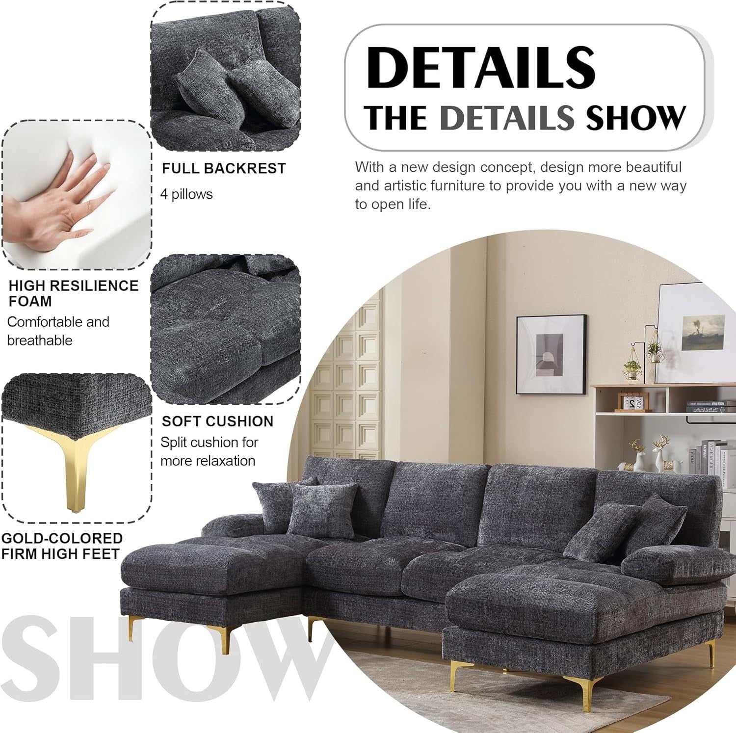 4 Seater U-Shaped Sofa Grey Chenille Sectional with 2 Chaise Lounges
