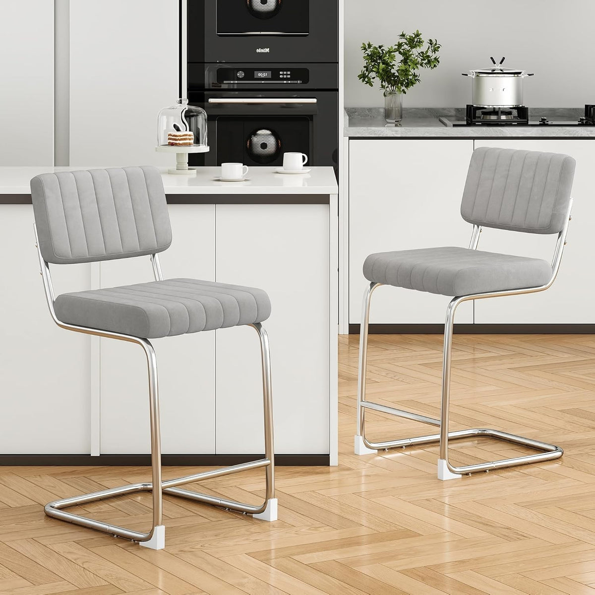 Modern Bar Stools 2pcs Silver/Light Gray Faux Leather 27in Counter Chairs