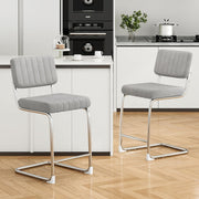 Modern Bar Stools 2pcs Silver/Light Gray Faux Leather 27in Counter Chairs