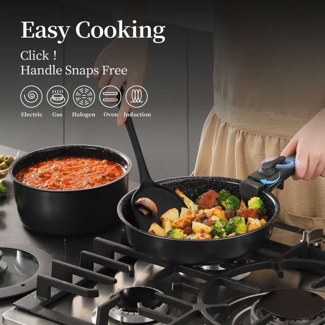 6pcs Non Stick Ceramic Cookware Set – Induction Safe Pans with Detachable Handle