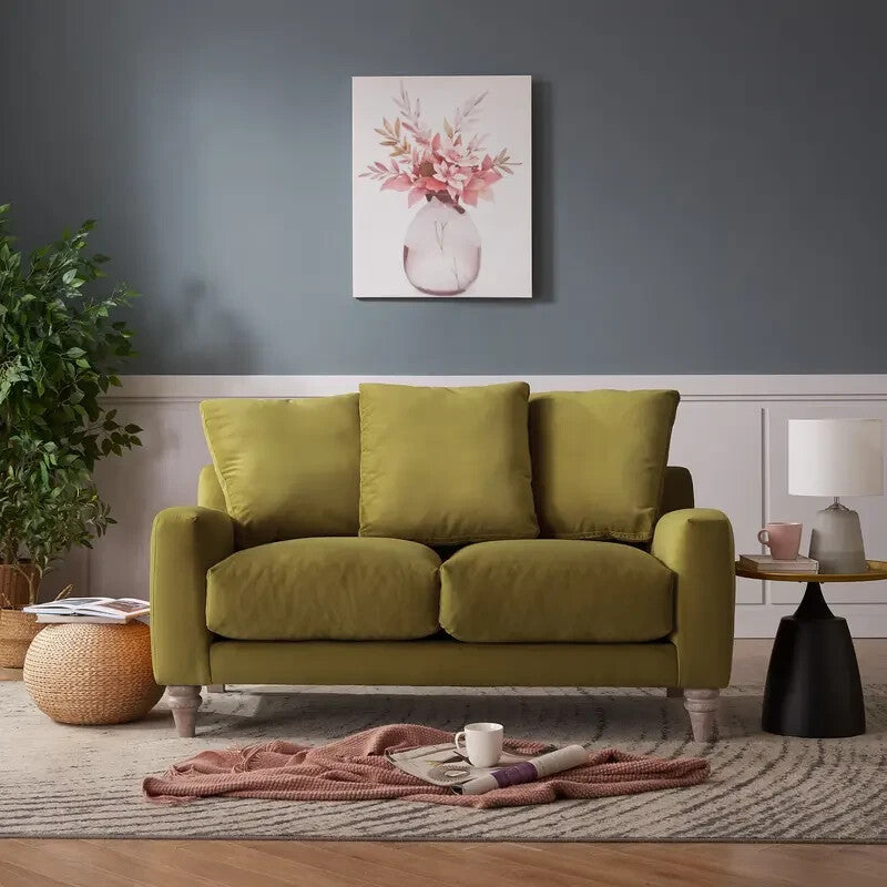 Olive Green Velvet 2 Seater Sofa Deep Scatter Cushions Feather-Filled Seat