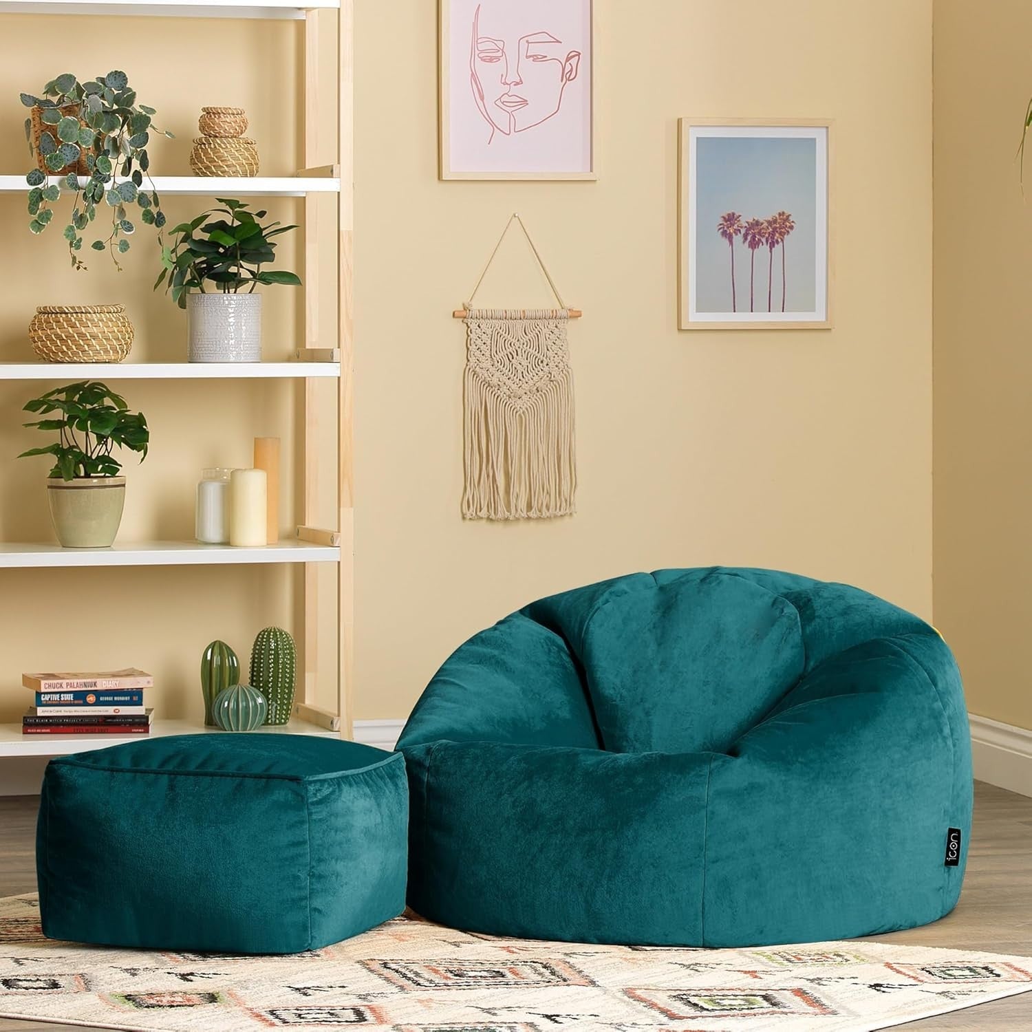 Velvet Bean Bag Chair with Footstool Adult Lounge Seat Teal Green