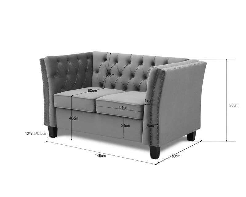 2 Seater Light Grey Velvet Sofa Chesterfield Tufted Arms Couch UKFR
