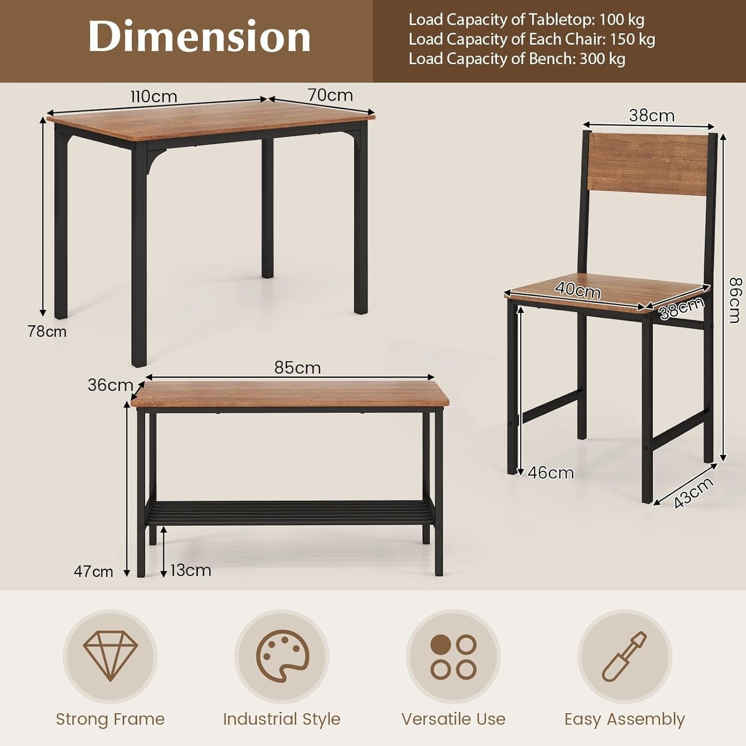 Teak Brown Industrial Dining Set with Bench & Storage Shelf – Seats 4