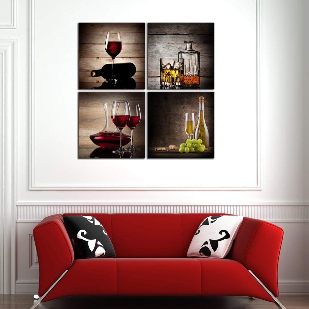 Red Wine Canvas Wall Art Set of 4 Framed 20x20in Modern Prints