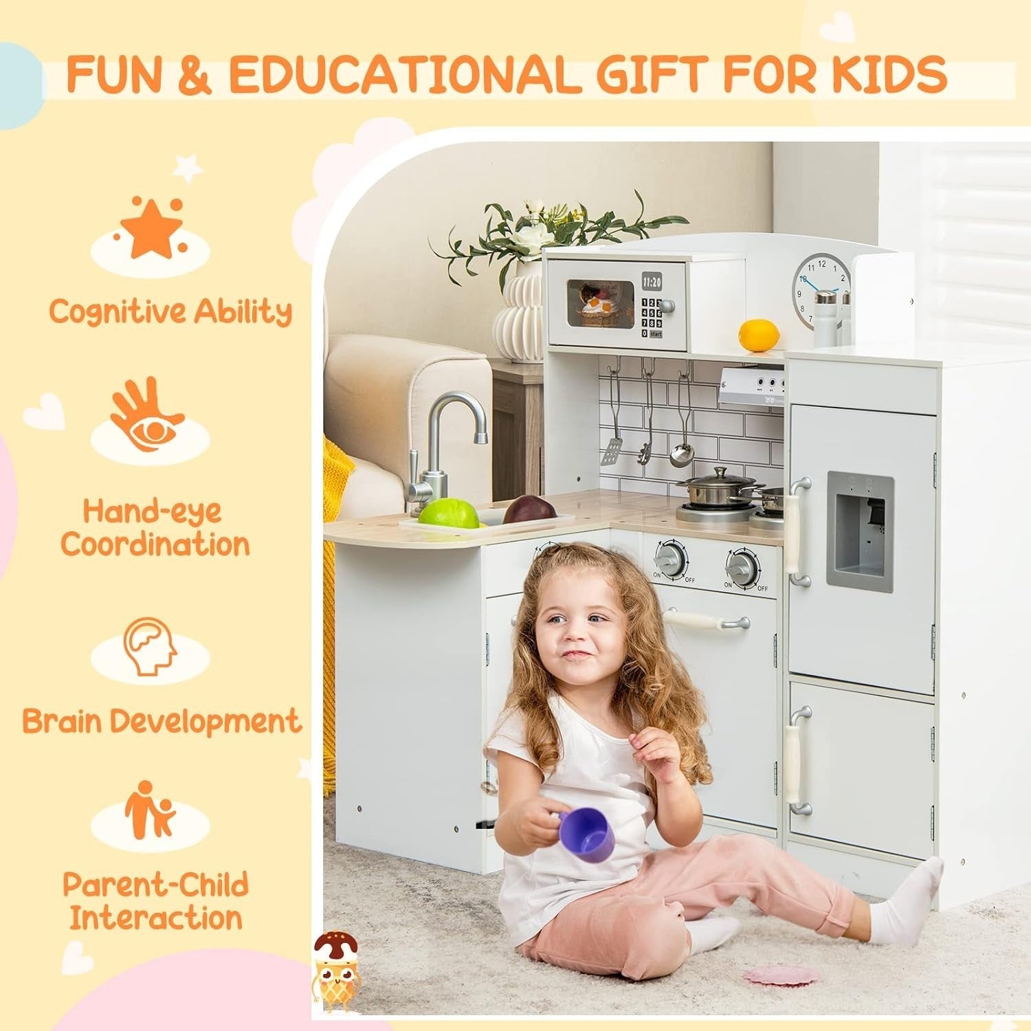 Corner Kids Play Kitchen w/ Fridge Microwave Sink Water Dispenser