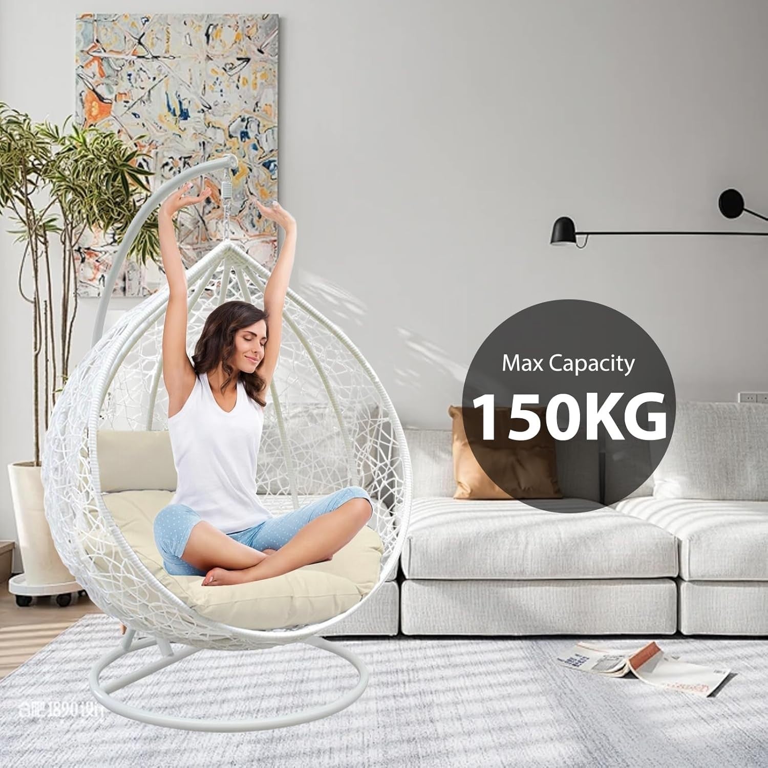 White Rattan Hanging Egg Chair with Stand & Cushion for Indoor Outdoor