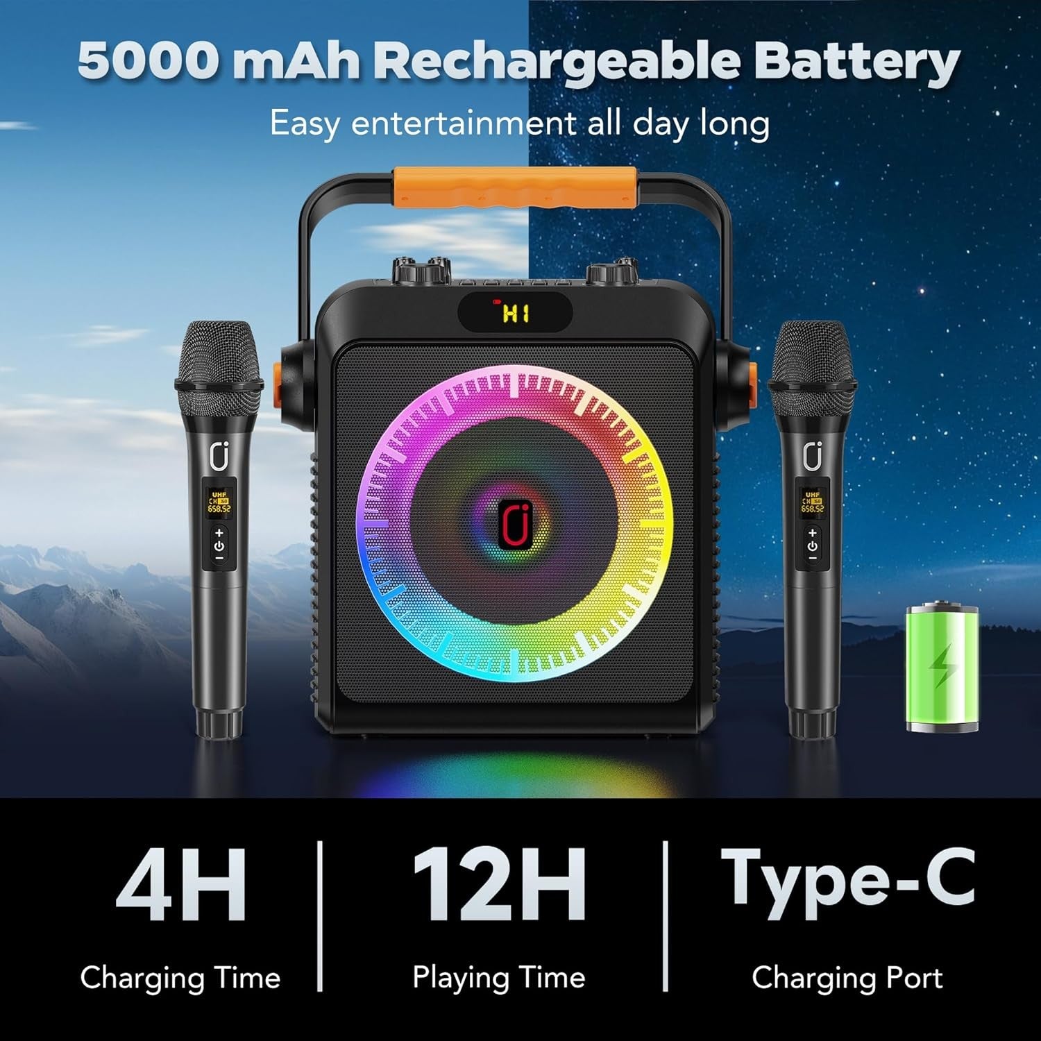 Karaoke Machine 2 Wireless Mics Bluetooth Speaker Bass Boost LED