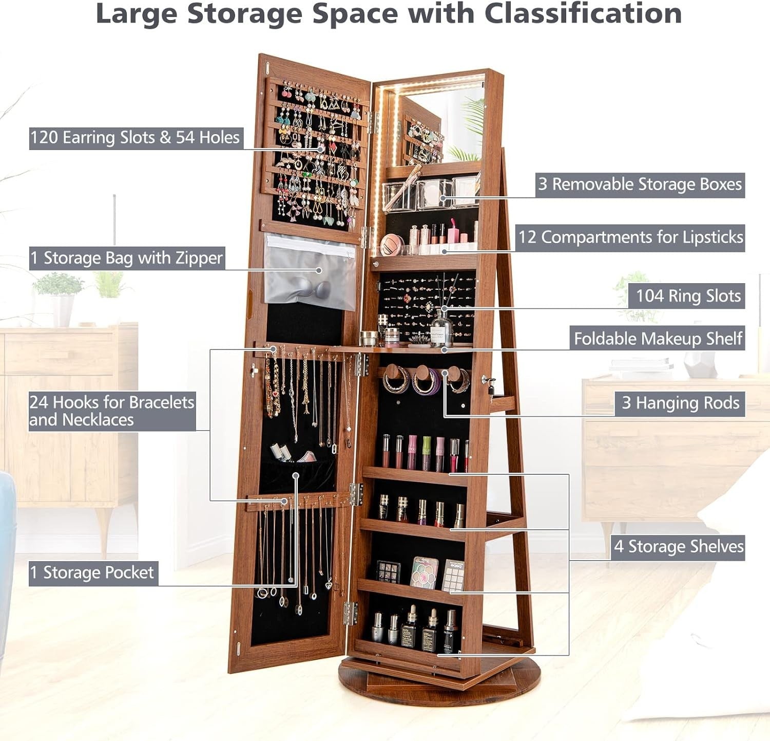 Brown 360° Swivel Jewelry Armoire LED Light Mirror Lockable Cabinet