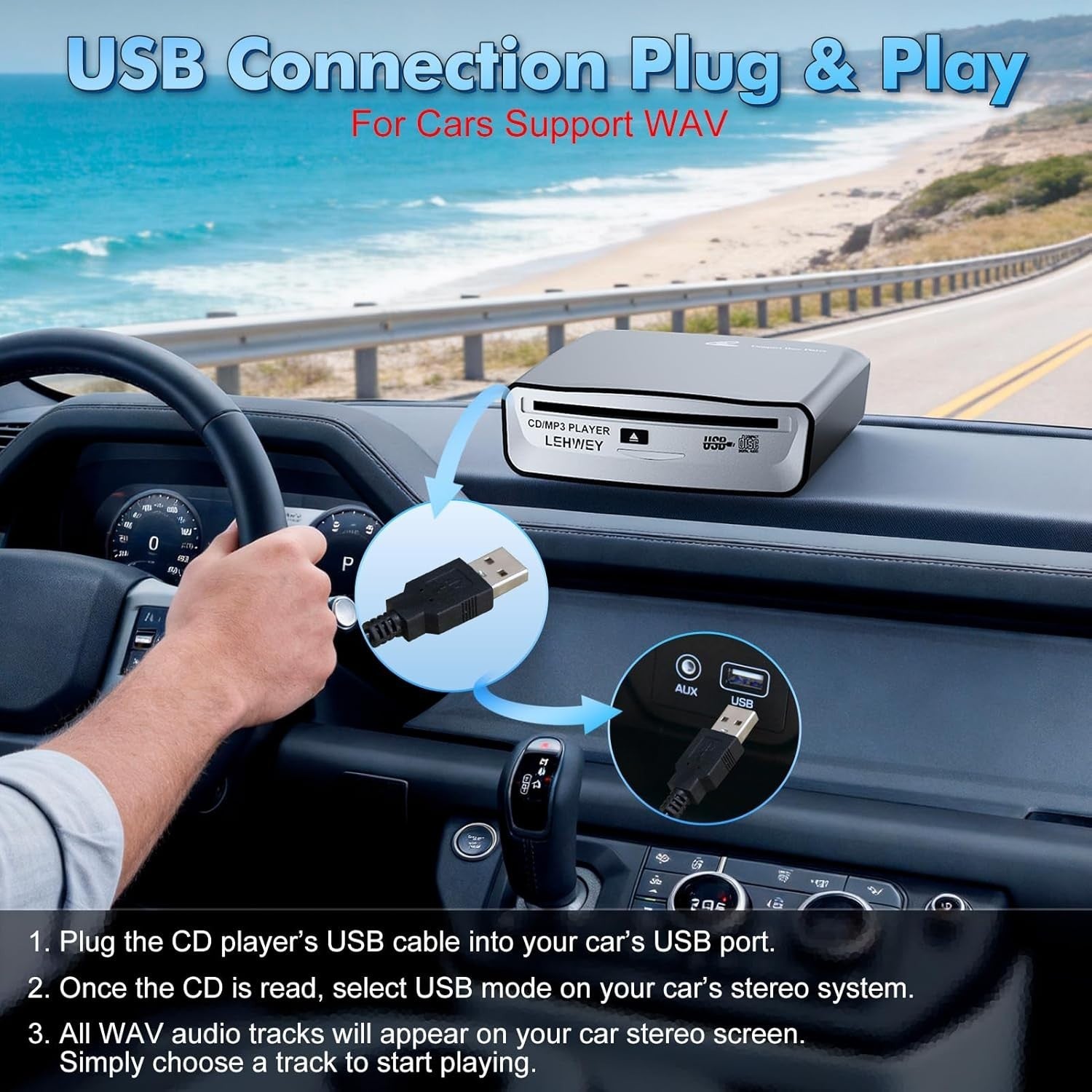 External Car CD Player USB Plug Play Portable Anti Skip Remote