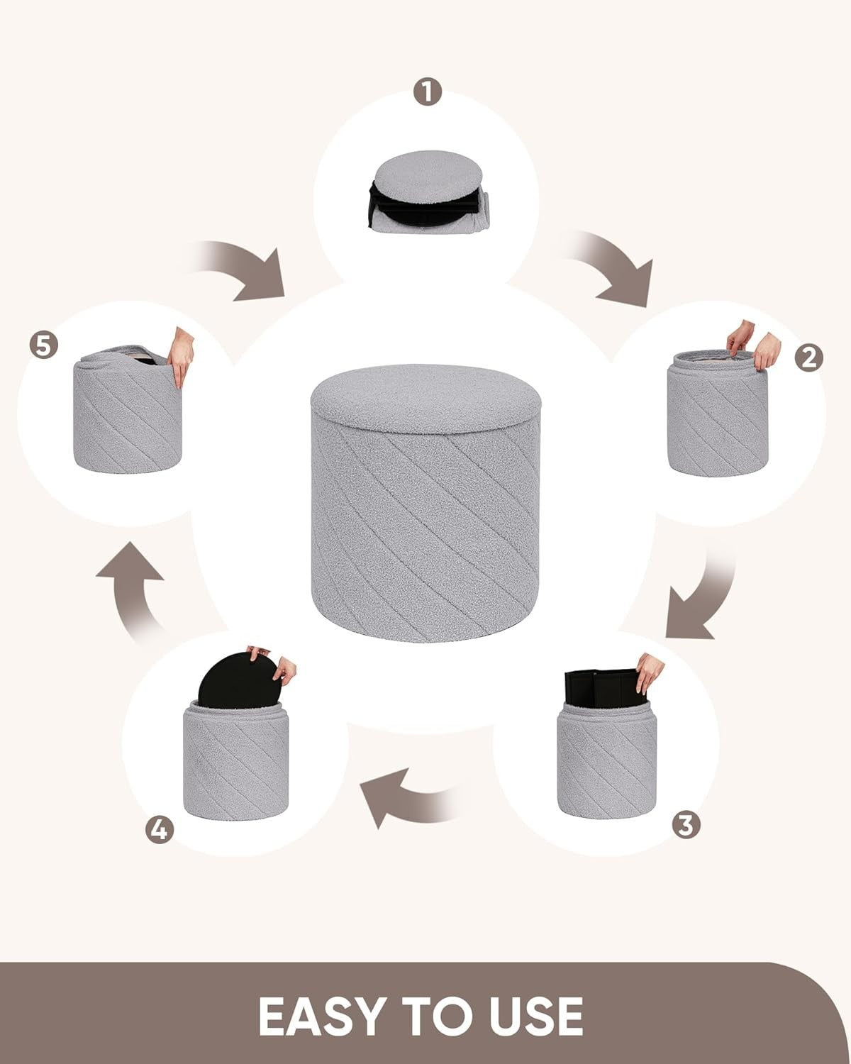 Grey Boucle Round Storage Ottoman Stool Folding Footrest Vanity Seat