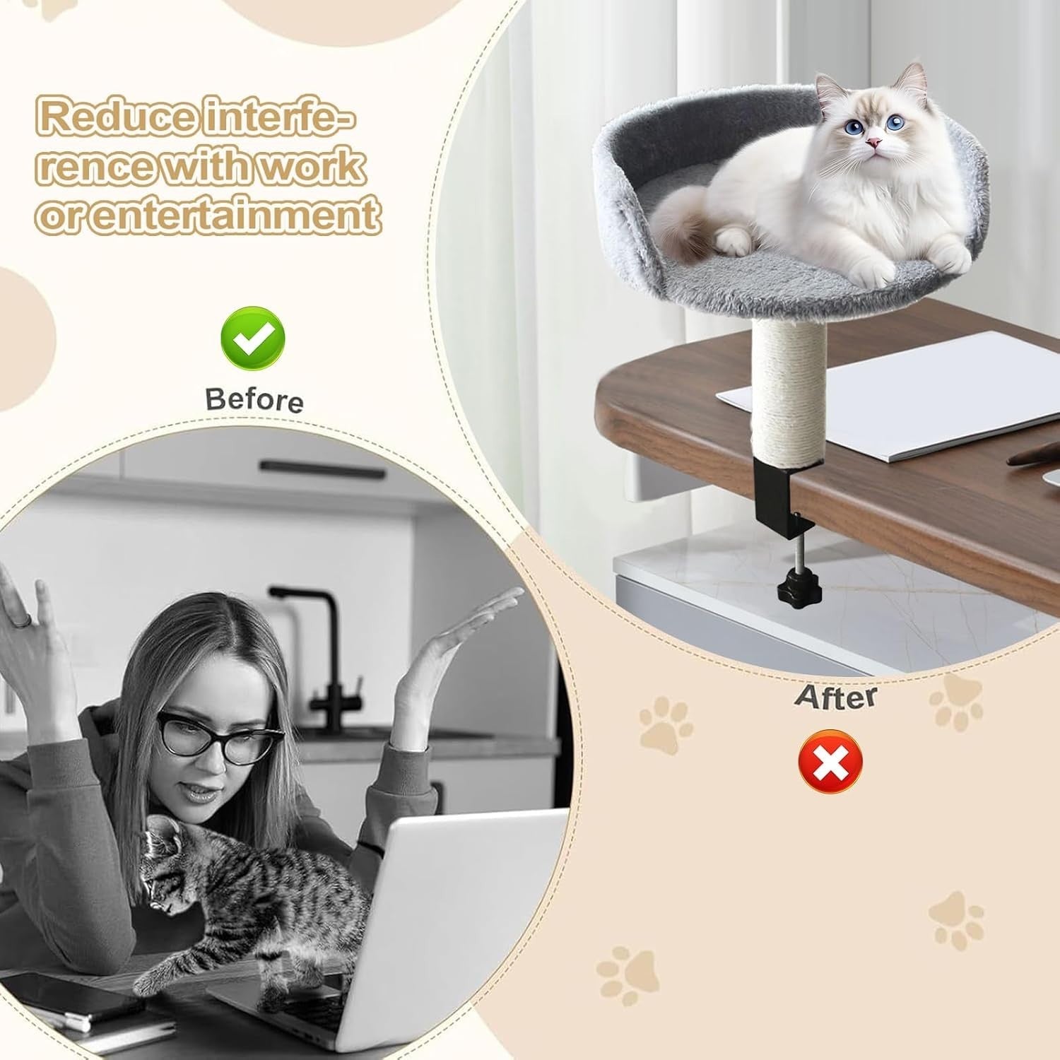 Desk Mounted Cat Bed Hammock w/ Scratching Post Removable Soft Pad