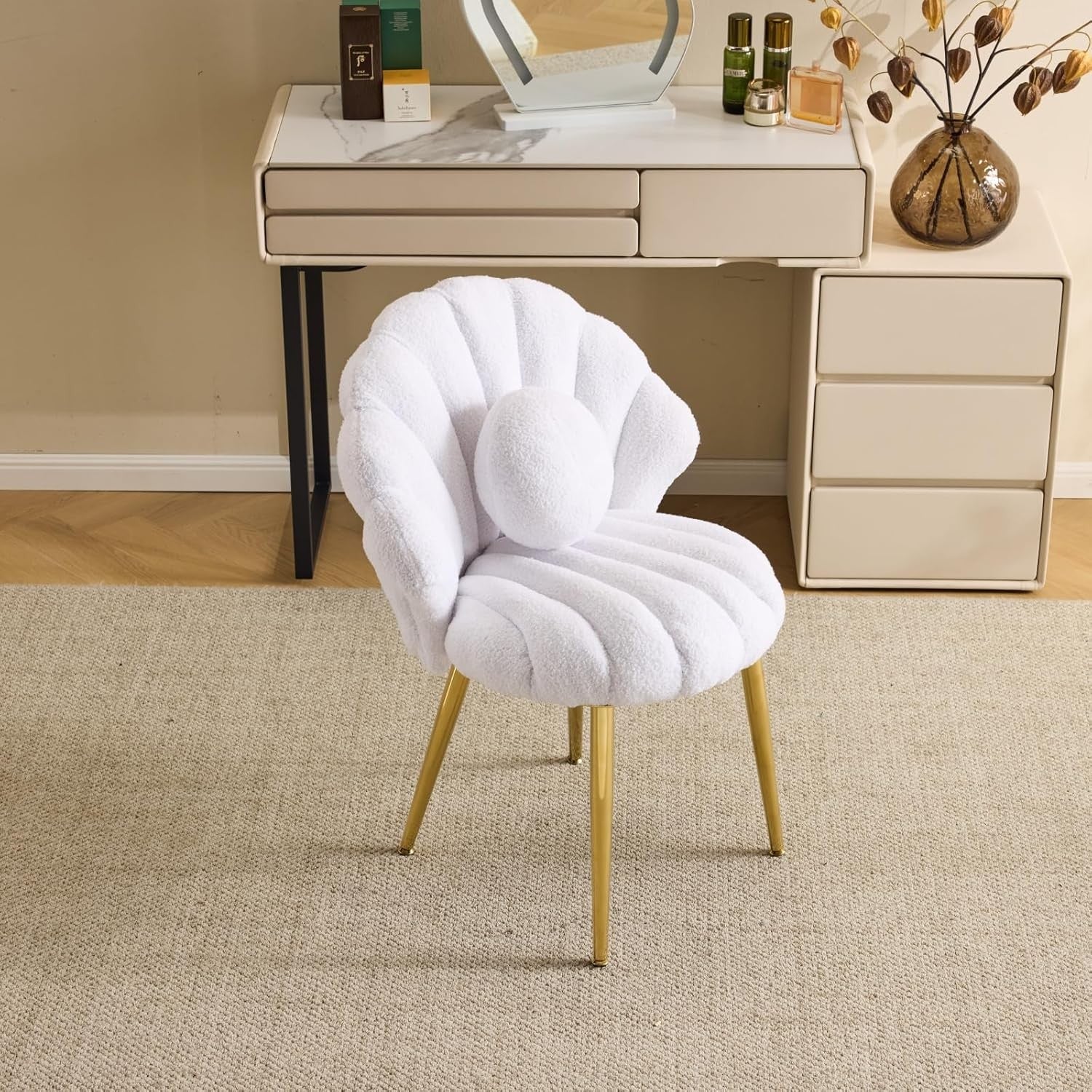 Pearl White Teddy Accent Chair Gold Legs Vanity Dressing Table