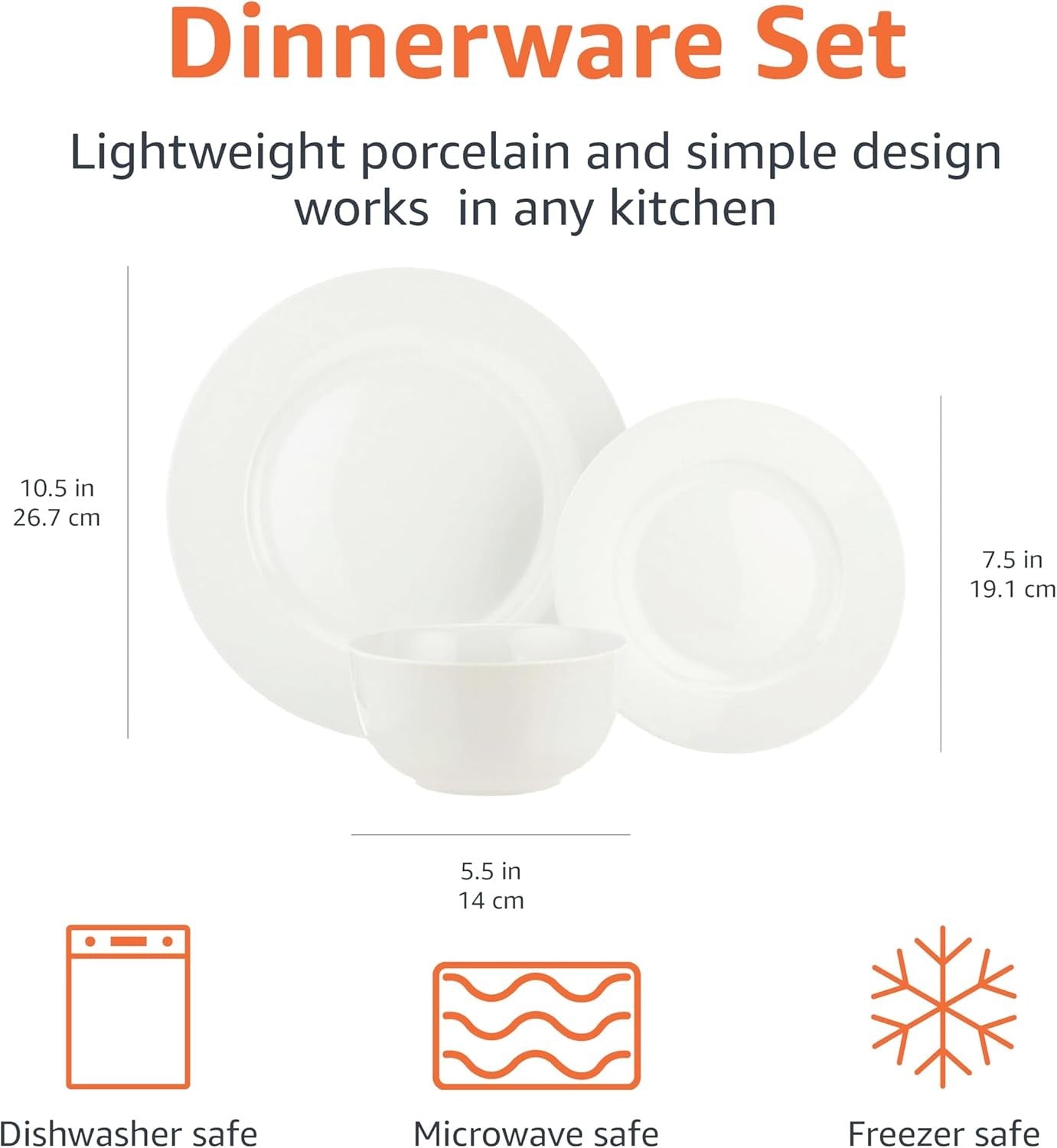 18pc Porcelain Dinnerware Set White Plates Bowls Microwave Dishwasher