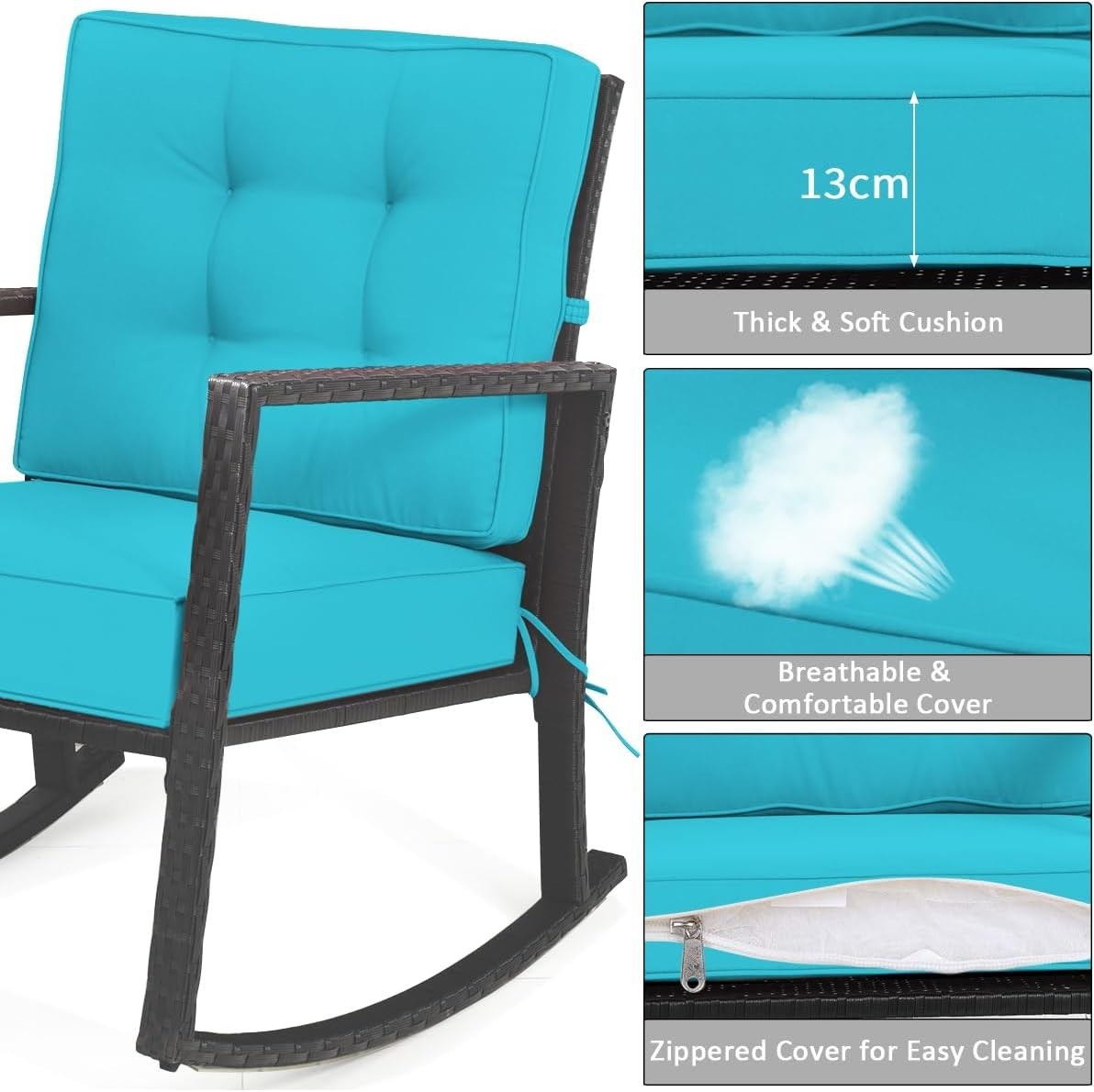 Turquoise Rattan Rocking Chair Cushioned Patio Garden Porch Outdoor Relax Seat
