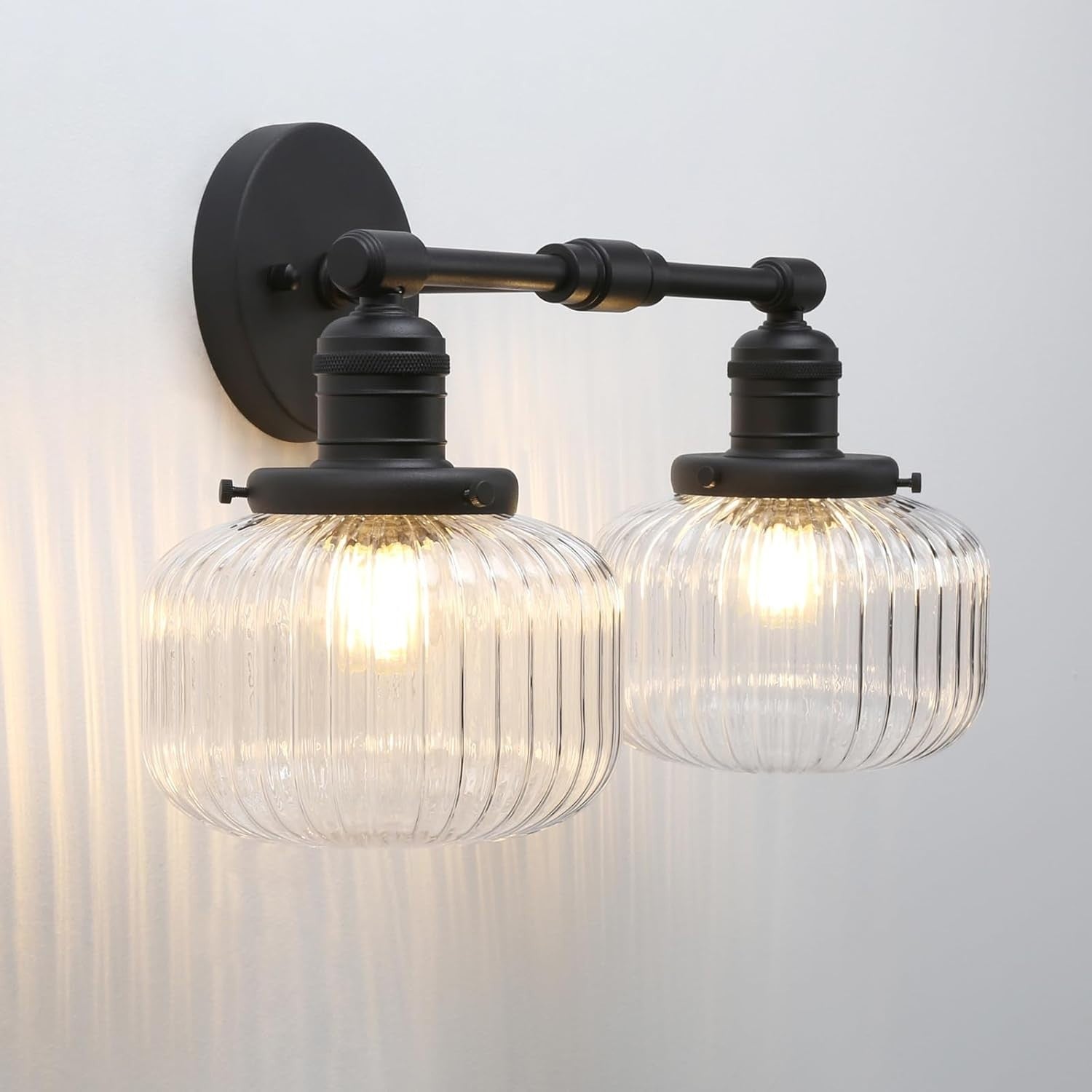 Industrial 2-Light Black Glass Wall Sconce | Vintage Bathroom Vanity Light